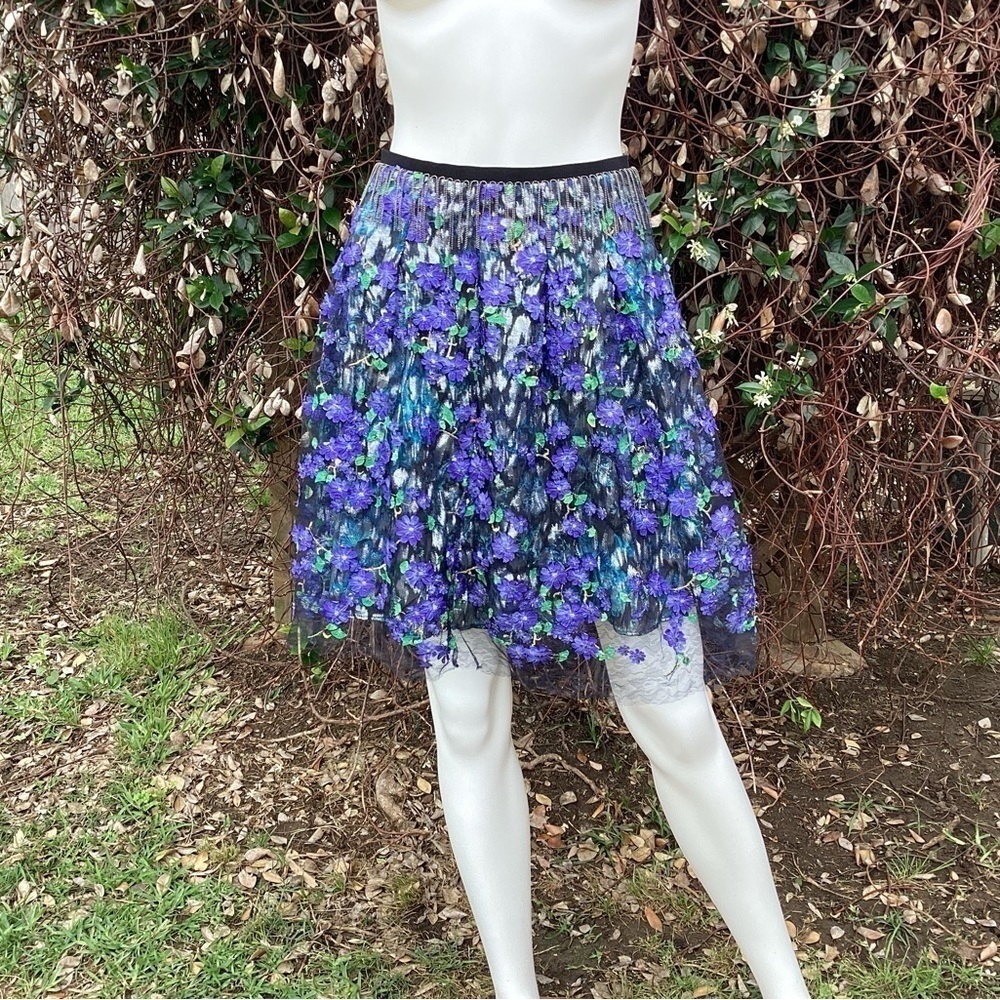 💋Elie Tahari Floral Mesh Metallic Chain Fringe A-Line Flouncy Skirt